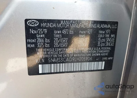 2020 Hyundai Santa Fe Sel z USA, uszkodzony, nr VIN 5NMS3CAD9LH205906